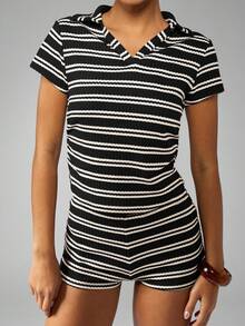 MISSGUIDED Casual Ribbed Striped Crop Top High Waist Shorts Coord Set Summer Holiday Weekend Fashion Two Piece Outfit Resort Poolside Vacation Style Lounge Wear Set
