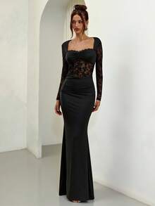 SHEIN BAE Black Lace Sexy Sheer Splice Ruched Long Sleeve Bodycon Dress, Autumn/Winter - Black - View 3