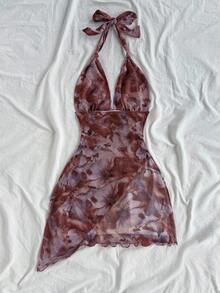 SHEIN Tall CURVE Plus Size Women Floral Print Ruched Asymmetric Hem Vacation Halter Dress - Brown - View 2