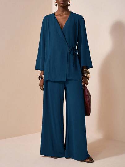 Zivah 2025 Summer New Arrival Music Festival & Graduation Casual Outfit, College Style Student Daily Wear, Vacation Beach Sunbathing Streetwear, Brown Textured Linen Fabric, Kimono Style Waist Tie Shirt And Wide Leg Pants 2 Pieces Set Wide Leg Pants Set Pant Suit Pants Suit For Women Blue Suit Women Pant Suit Summer Set,Fall