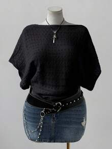 Sunspun Plus Size Women's Fashionable & Elegant Bohemian Style Hollow Out Short Sleeve Loose Knit Top, Suitable For Vacation, Spring/Summer/Autumn - Black - View 1