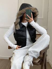 Livesso 拼布毛领短款棉衣背心冬季夹克背心 - 黑色 - 查看 7