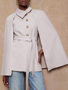 SHEIN Privé VITNOS Women's Fall/Winter Cape Sleeve Overcoat,White Gold,Autumn,Elegant,Office Solid Color Elegant Coat For Party,Luxury Evening,Date Night,New Year - Beige - View 10