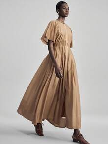 Ontre 女士褶裥插肩袖单排扣口袋休闲连衣裙，适合都市商务休闲、海滩、音乐节、万圣节、圣诞派对、优雅圣诞装扮、秋冬新年服装 - 棕色 - 查看 1