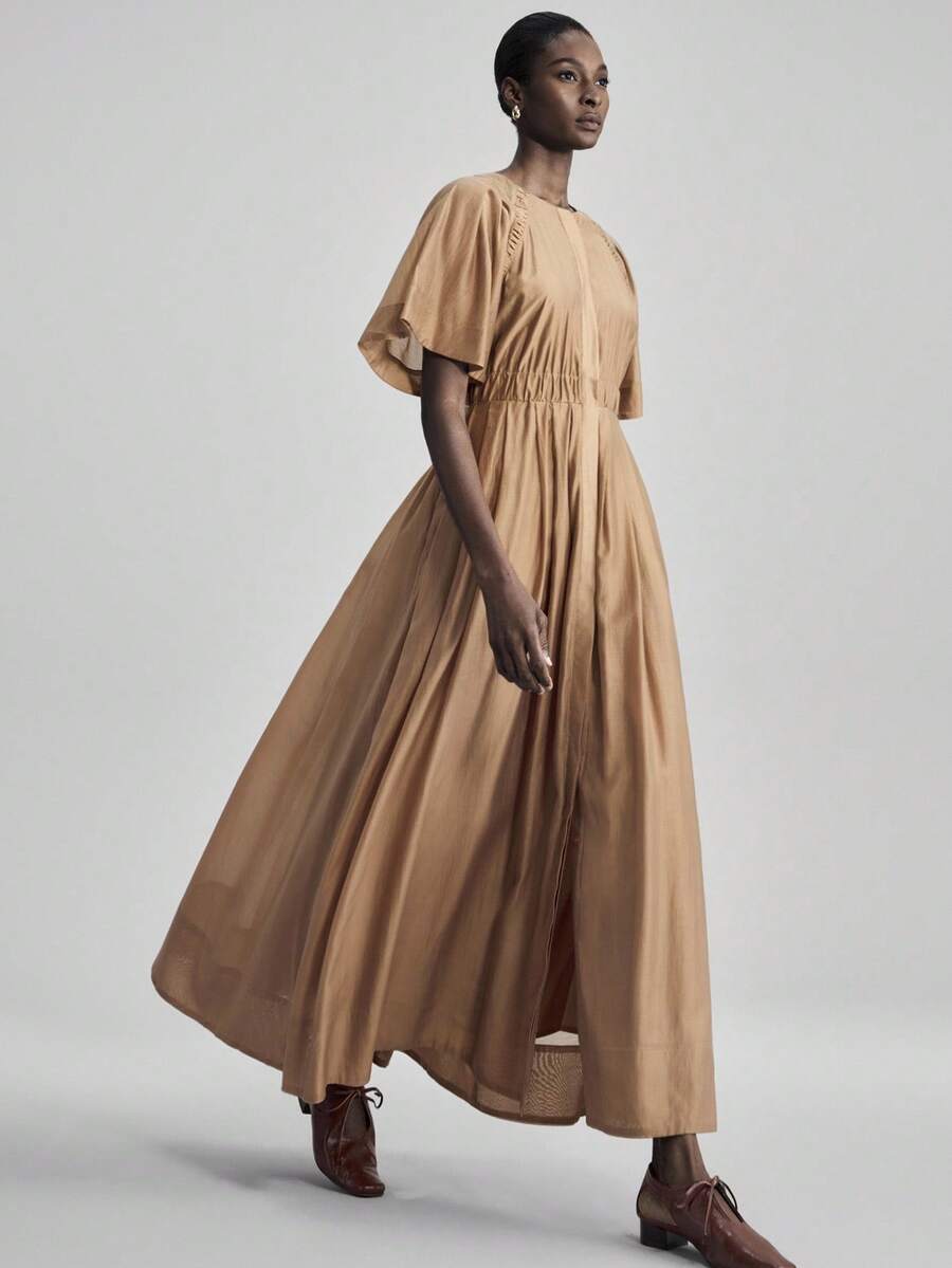 Ontre 女士褶裥插肩袖单排扣口袋休闲连衣裙，适合都市商务休闲、海滩、音乐节、万圣节、圣诞派对、优雅圣诞装扮、秋冬新年服装 - 棕色 - 查看 1