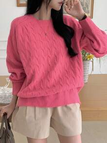 DAZY Suéter casual de punto de cable de cuello redondo de manga larga y ajuste holgado de unicolor rosa para mujer, otoño/invierno