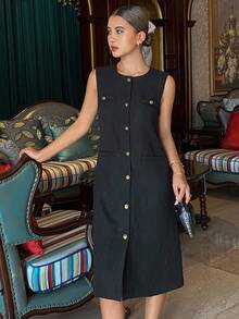 DAZY Women's Solid Color Round Neck Fitted Long Sleeveless Casual Vest Jacket, Autumn/Winter Women Coats - Black - View 1