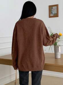 DAZY Damen Loose Fit V-Ausschnitt Langarm einfarbiger Vintage Lässig Strickpullover, Herbst/Winter - Braun - Übersicht 2