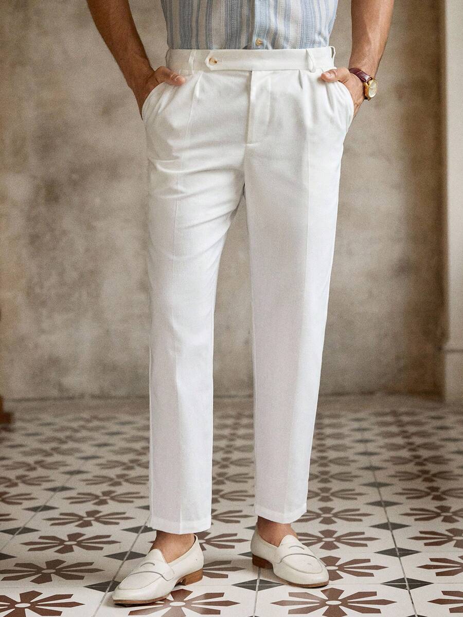 Manfinity NXTstreet Men's Casual Woven Tapered Slim Fit Ankle Pants, Old Money - White - View 1