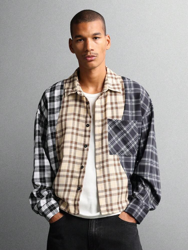 Color Block Check Plaid Button Down Shirt