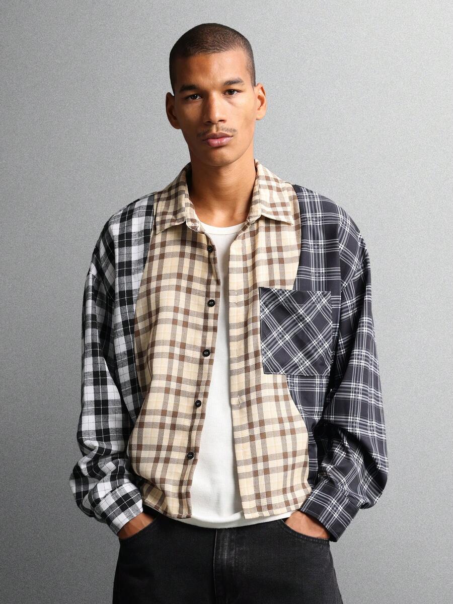 SUMWON Camisa de manga larga con ajuste ceñido, diseño de bloques de color a cuadros y a cuadros, con botones, de corte regular, de varios colores, de moda, de invierno, de uso casual, con diseño de patchwork y estampado mixto - Multicolor - Ver 1