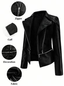 SHEIN Clasi Áo khoác xe máy nữ thanh lịch có khóa kéo phía trước bằng da PU trơn màu cỡ lớn - màu đen - Xem 1