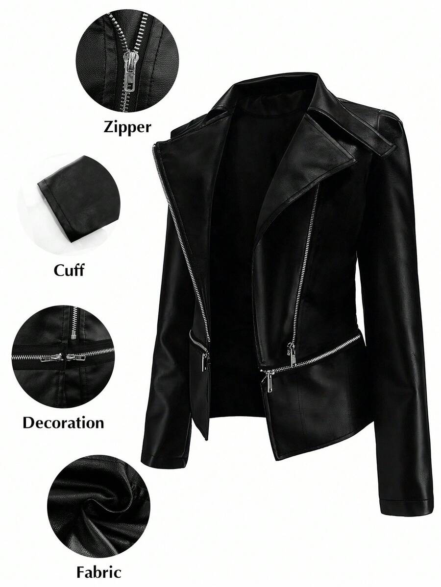 SHEIN Clasi Áo khoác xe máy nữ thanh lịch có khóa kéo phía trước bằng da PU trơn màu cỡ lớn - màu đen - Xem 1