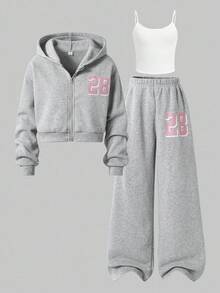 SHEIN Explorewe 三件套少女纯色保暖连帽拉链衫、吊带背心和阔腿裤休闲套装，适合日常穿着、通勤和上学，秋冬季街头风。 - 灰色 - 查看 3