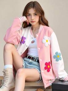 SHEIN Teens' Versatile Sweet Floral Colorblock Baseball Jacket Fall Winter - Multicolor - View 1