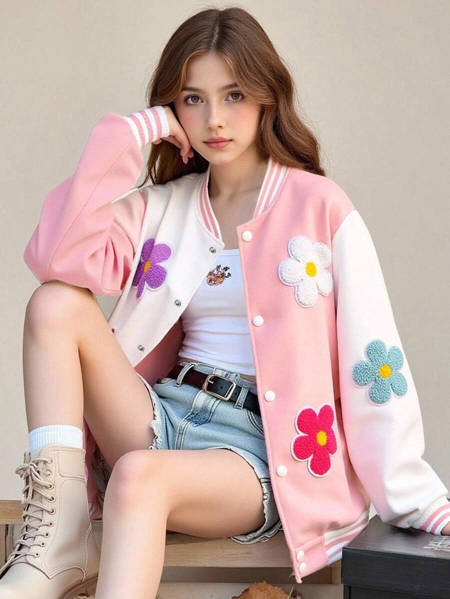 SHEIN Teens' Versatile Sweet Floral Colorblock Baseball Jacket Fall Winter - Multicolor - View 1