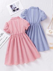 Bộ 2 váy/bộ tay ngắn cổ sọc xanh thêu eo cho bé gái & váy cổ sọc xanh eo - Nhiều màu - Xem 2