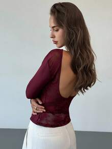 Aloruh Sexy Sheer Lace Long Sleeve Backless Top, Wine Red - Red Violet - View 7