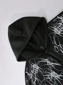 ROMWE MEN Goth Cárdigan con capucha negro con estampado de líneas y cadenas góticas, ropa de calle de moda para hombres jóvenes, uso diario casual, otoño e invierno - Negro - Ver 3