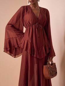 Zivah 2025年新款夏秋长袖长裙，V领，腰带，荷叶边下摆，A字形，有衬里，棕色，适合生日派对，返校，日常穿着，邮轮旅行，海滩，日光浴，优雅，通勤，派对，宴会 - 棕色 - 查看 6