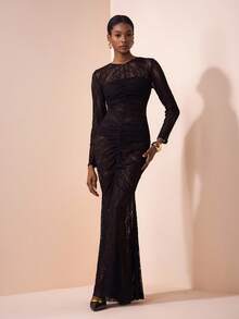 Zivah Abito lungo da donna in pizzo nero semi-trasparente con maniche lunghe, arricciature e coda di pesce, adatto per festival musicali, Pasqua, San Patrizio, stile occidentale, nomade, feste di compleanno, laurea, stile universitario, uso quotidiano casual, versatile di base, tempo libero, crociera, spiaggia, prendere il sole, virali, streetwear, matrimoni, pendolarismo, brunch, aeroporto, primavera/estate 2025