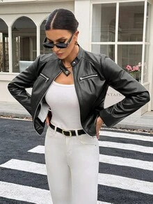 SHEIN Tall Slim Fit PU Jacket With Zipper And Thermal Lined ,Black Pu Leather Turtleneck Flannel Jacket, PU Leather Casual Streetwear Long Sleeve Women Regular Jacket For Fall/Winter, Leather Fleece Jacket - Black - View 5