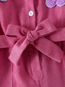 Sparklyn Girls' Fashionable British Style Corduroy Jumpsuit With Floral, Star, Letter Prints, Waist Belt, Pockets, Long Sleeve, Casual Stylish Holiday Outfit Fall Winter