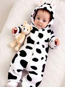 SHEIN Autumn/Winter Baby Girl Plush Cute Black & White Romper Cow Print Baby Clothes Baby Cow Jumpsuit Fall