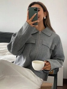 DAZY 女士百搭翻领短袖大衣 秋冬款 - 灰色 - 查看 6