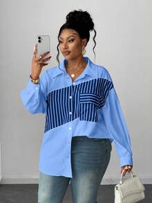 Maweii 大码女式春秋季长袖撞色条纹休闲衬衫，性感百搭，适合工作和日常穿着，蓝色 - 彩色 - 查看 3