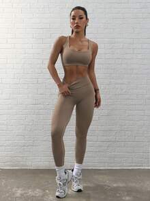 Slayform 2 件套女士纯色交叉后背简约短款上衣和裤子运动套装女士健身套装女士健身套装女士紧身裤套装 - 摩卡棕 - 查看 4