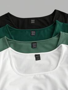 SHEIN EZwear Bộ 4 áo thun cổ tròn tay ngắn màu trơn đơn giản thoải mái dành cho nữ, phù hợp cho mùa xuân/hè - Nhiều màu - Xem 12