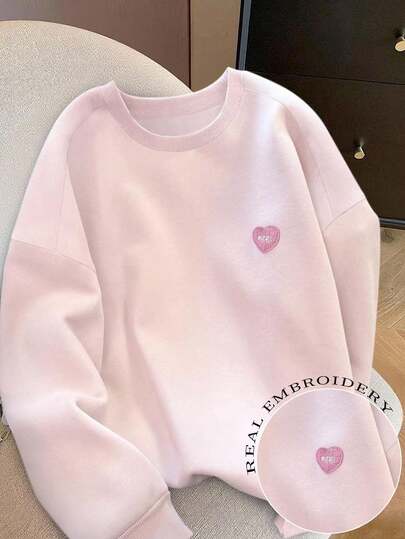 Resyla เสื้อสเวตเตอร์คอกลมปักลายหัวใจ ทรงไหล่ตก สำหรับผู้หญิง