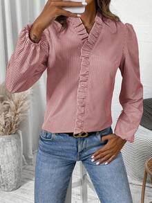 EMERY ROSE Women's Casual Shirt With Ruffle V-Neck And Lantern Sleeves