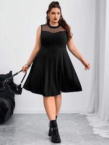 SHEIN CURVE+ Plus Size Elegant Black Mesh Patchwork A-Line Dress Sleeveless Round Neck, Fall Winter 2026 22W - Black - View 7