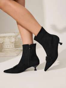 CUCCOO CHICEST Women's Fashion Kitten Heel All-Match Style Versatile Striped Metal Decor Zipper Knee-High Boots - Black - View 7