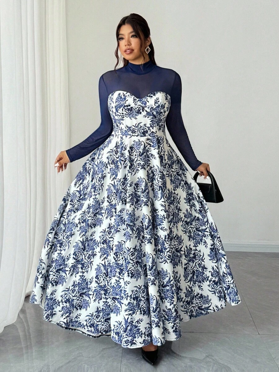 Elenzga Vestido de talla grande elegante con estampado floral de malla y parches para uso diario - Azul - Ver 1