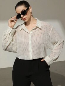 Aveloria Modichic Áo sơ mi tay dài chấm bi voan đen nền trắng rộng rãi thanh lịch đa năng thường ngày đi làm cổ bẻ thiết kế đơn giản cỡ lớn - trắng - Xem 5