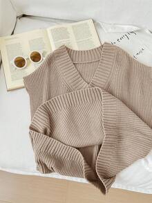 SHEIN Tween Girl Casual Loose Solid Color Oversized V-Neck Mid-Length Sweater Vest Sweater Vest For Girls Brown Sweater Vest For Girls,In Fall/Winter Girls Sweater Vest Kids Sweater Vest V Neck Sweater Vest Kids Teen Girl Sweater Vest - Khaki - View 8