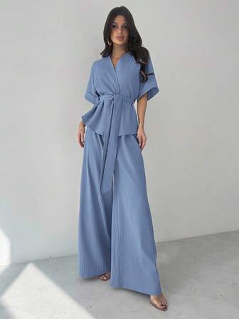 Firerie 女士优雅休闲度假通勤V领宽松收腰衬衫上衣搭配高腰阔腿裤2件套，适合春夏秋季休闲通勤套装宽松西装通勤优雅母亲节教师节工作装