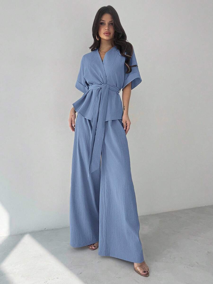 Firerie 女士优雅休闲度假通勤V领宽松收腰衬衫上衣搭配高腰阔腿裤2件套，适合春夏秋季休闲通勤套装宽松西装通勤优雅母亲节教师节工作装 - 藍色 - 查看 1