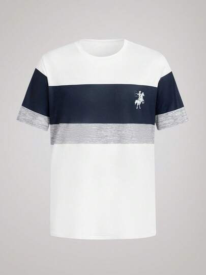  OFFICEAU Men's Minimalist Horse Silhouette Print Colorblock Round Neck Short Sleeve Digital Printing T-Shirt, Summer, Old Money Spring To Summer