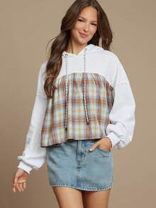 WESTFADE Mix Media French Terry & Plaid Flannel Loose Fit Hoodie Cute Fall Tops For Women Country Concert - Multicolor - View 1