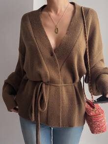 Livesso Áo khoác cardigan dệt kim rộng dáng rộng, buộc chéo vai màu trơn dành cho nữ mùa thu/đông - Cà phê nâu - Xem 6