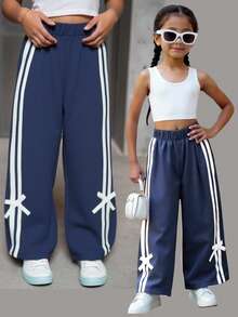 SHEIN Girls Everyday Casual Navy Blue Long Pants With Straight Leg And White Striped Tape Detail Fall Winter - Navy Blue - View 1