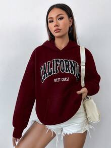 Flirla Embroidered English Graphic Hooded Oversized Sweatshirt - Burgundy - View 4