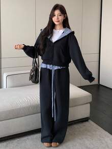 DAZY 女士宽松拉链连帽外套和裤子两件套运动服套装，女士休闲家居服套装 - 藏蓝色 - 查看 3