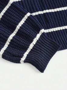 SHEIN 海軍藍與白色條紋基礎休閒圓領套頭衫，寬鬆燈籠袖秋季毛衣，返校季大學風休閒毛衣 - 藏蓝色 - 查看 4
