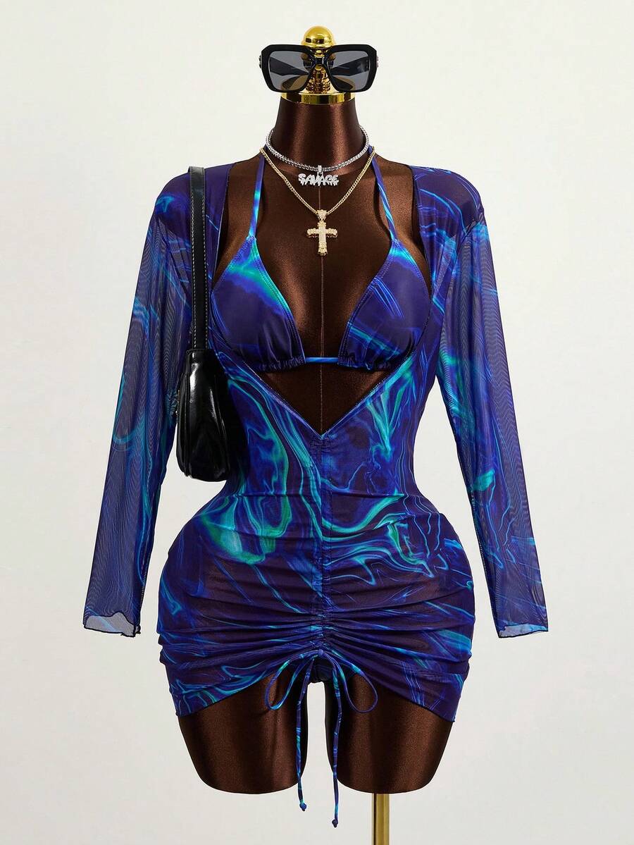 Zestiva Summer Beach Marble Print Bikini Set Halter Triangle Bra Top & Tie Side Bikini Bottom & Cover Up Dress 3 Pieces Bikini - Multicolor - View 1