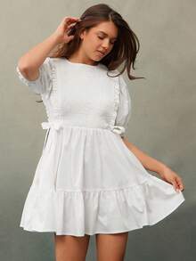 WESTFADE Đầm mini tay bồng xếp nếp cổ tròn thắt nơ hai bên, chất liệu cotton pha trộn, dễ thương, trang phục phương Tây dễ thương cho nữ, mùa thu, mùa đông, trang phục Boho - trắng - Xem 3